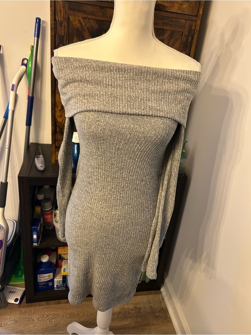 Potter's Pot Light Gray Off-the-Shoulder Ribbed Sweater Dress
